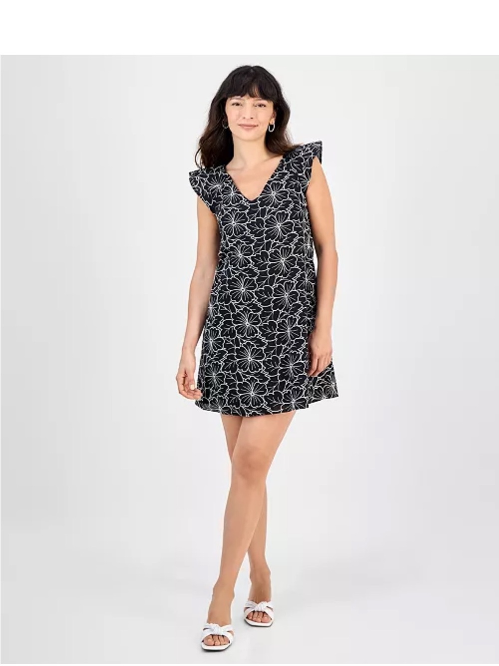 LOFT Black Dress with White Embroidered Detail